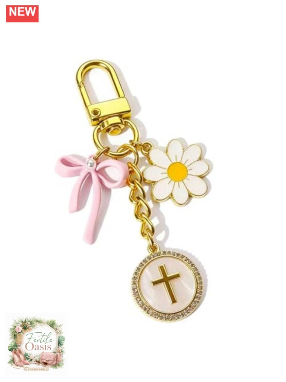 Cross Keychain Bag Charm with Pink Bow and Daisy Flower